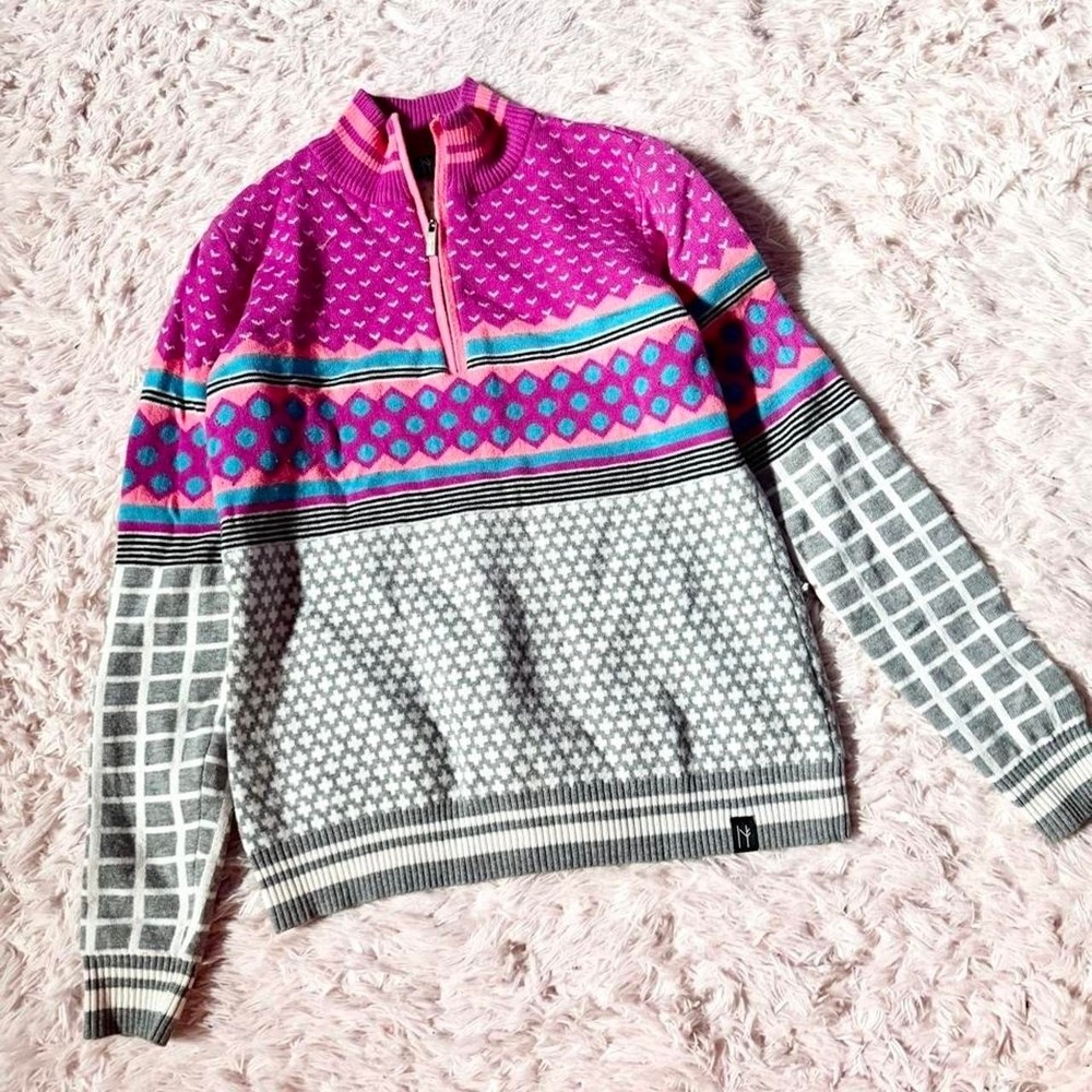 Faire Isle Geometric Funky Merino Wool Half Zip Sweater Womens M Eccentric Warm